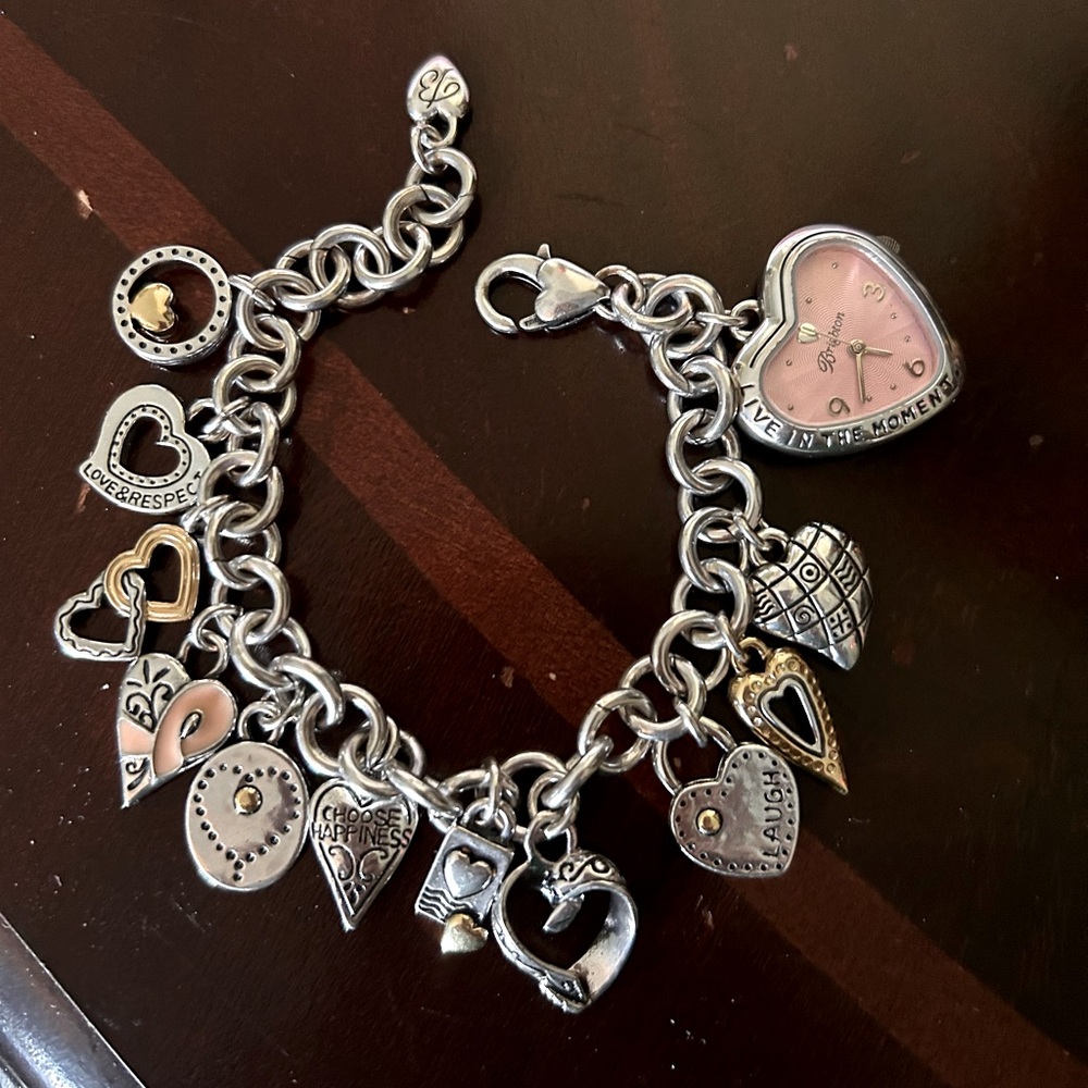 BRIGHTON POWER OF PINK BREAST CANCER SILVER  MEGA CHARM BRACELET WATCH